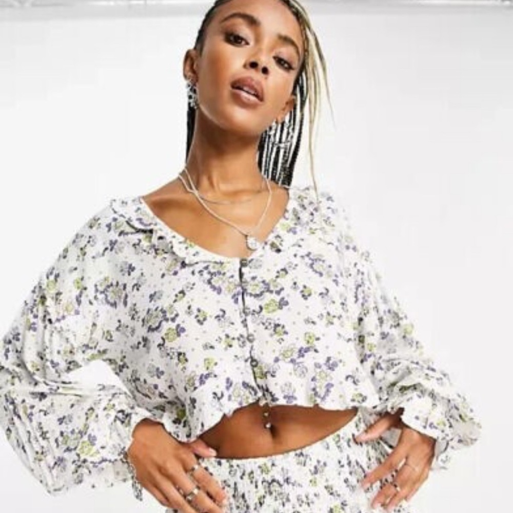 Free People Cream Long Sleeve Peter Pan Collar Blouse